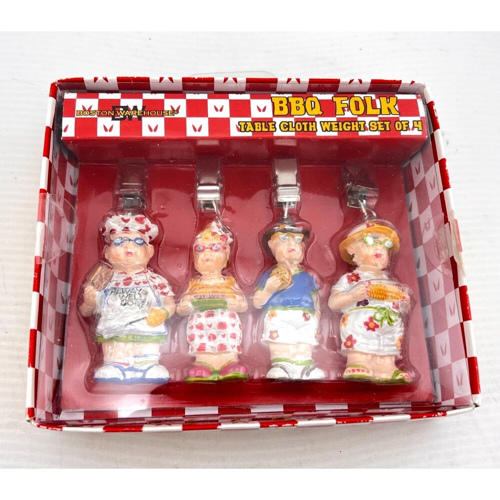 NOS Boston Warehouse 4pc Table Cloth Weights Clips Picnic BBQ Old Folk Funny Set